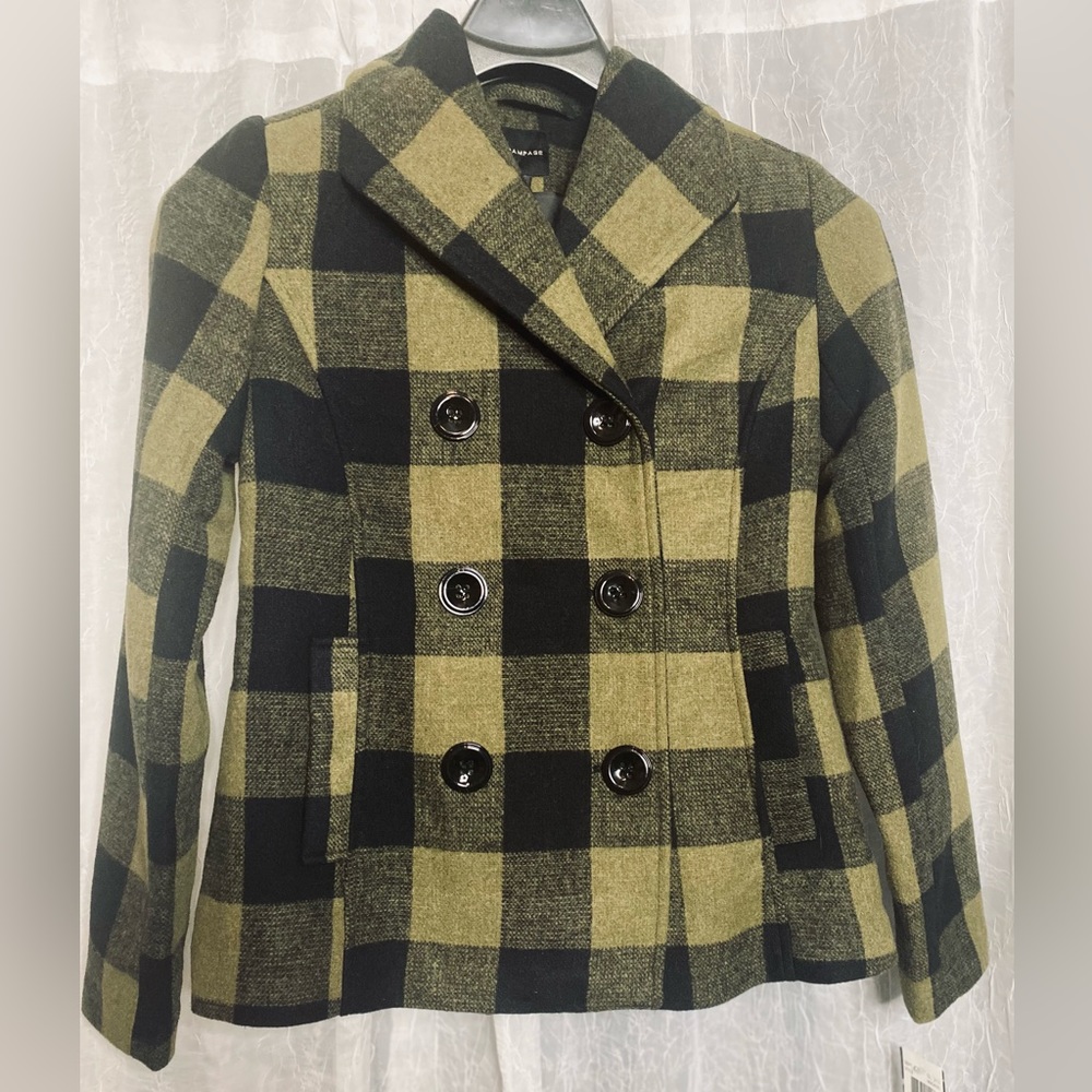 Ladies ArmyGreen/Black Plaid Short Coat Jacket